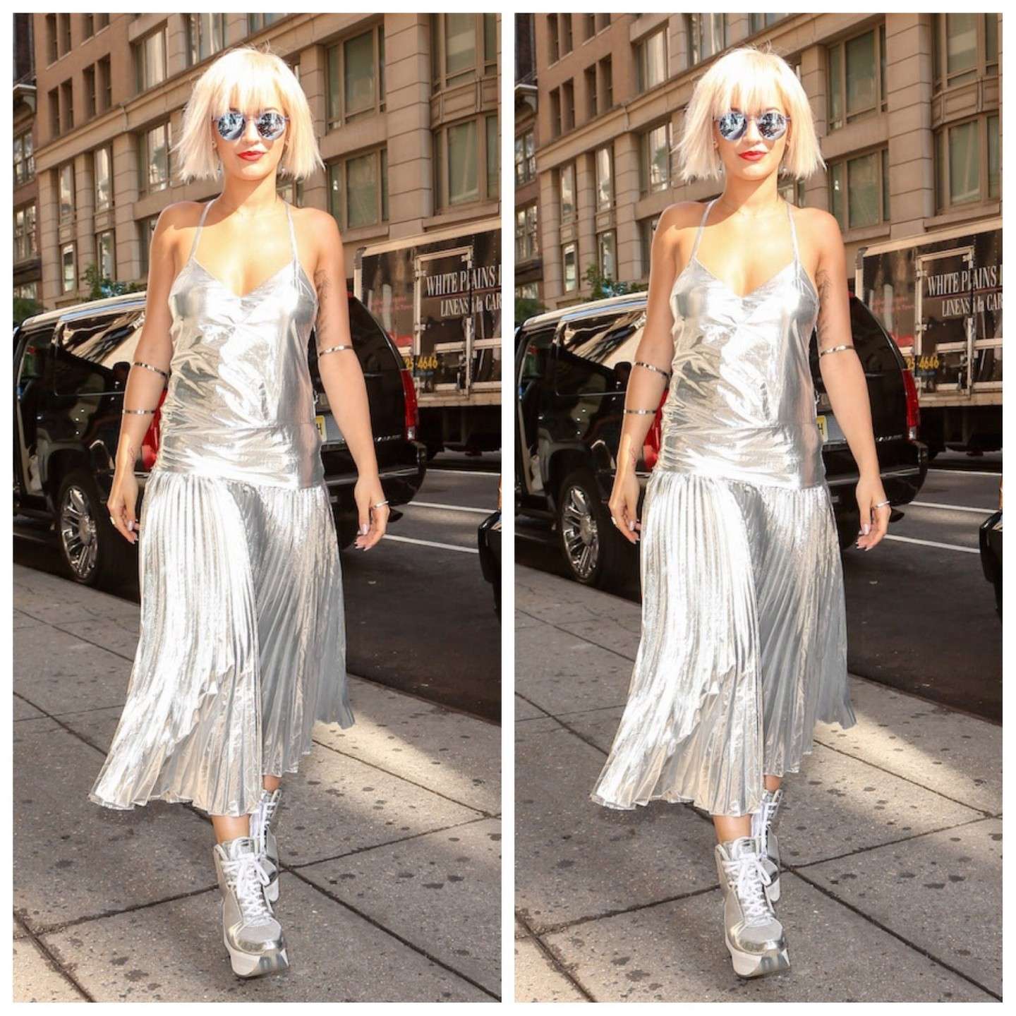 Rita Ora con platform shoes argento