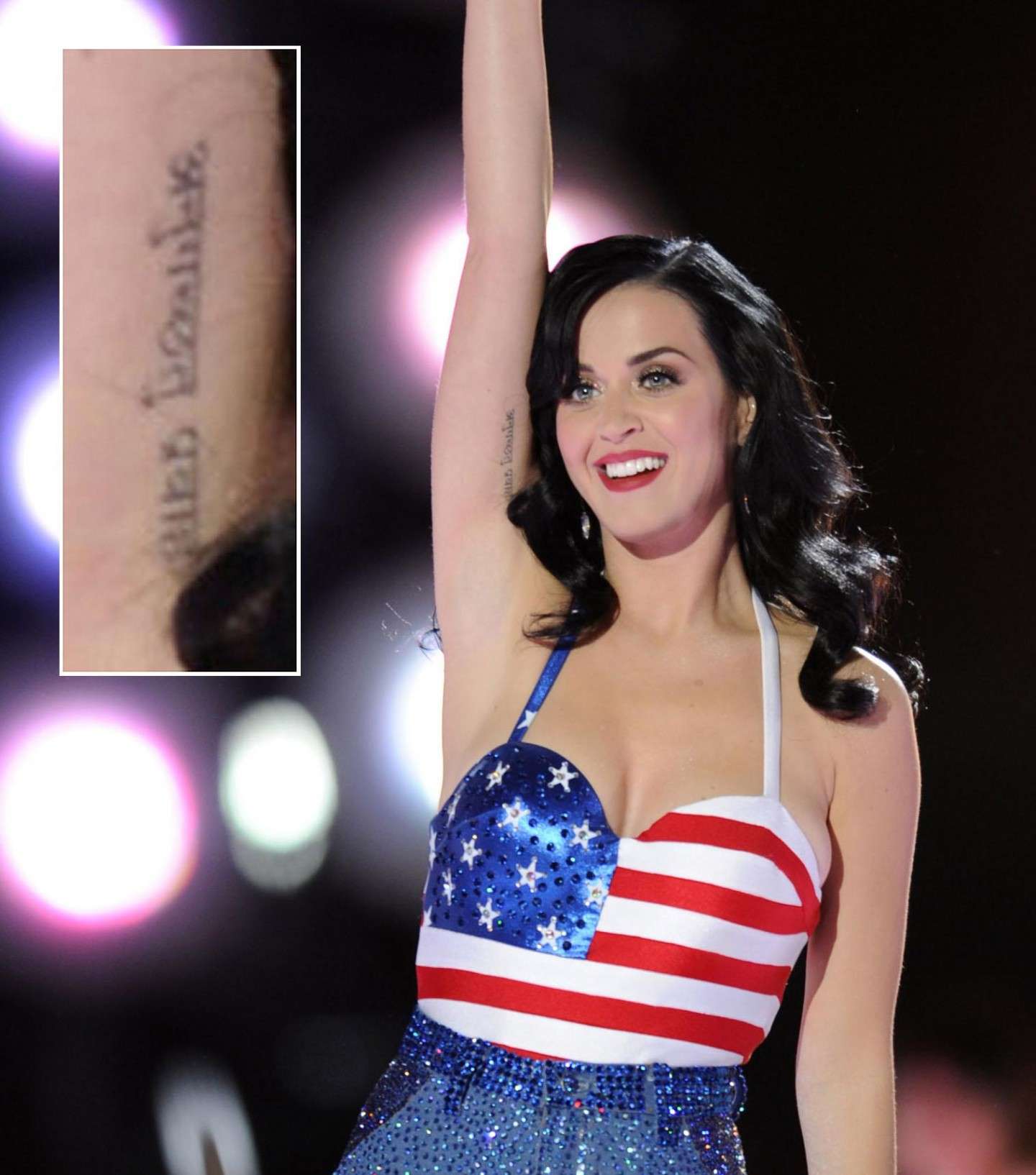 Scritta in sanscrito tatuata sul braccio di Katy Perry 