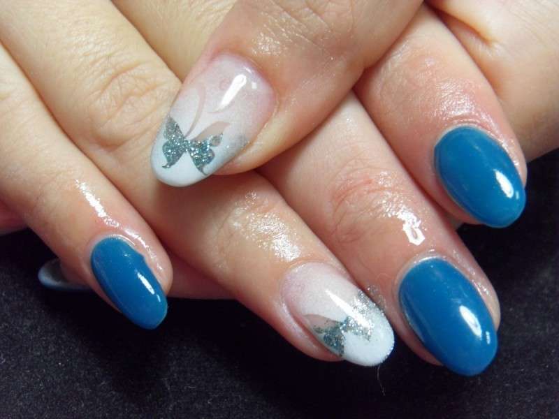 Nail art bicolore con farfalla silver
