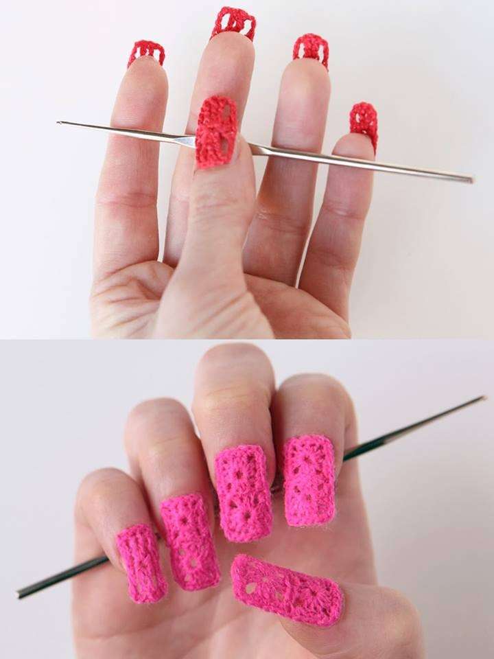 Crochet nail art rossa e rosa