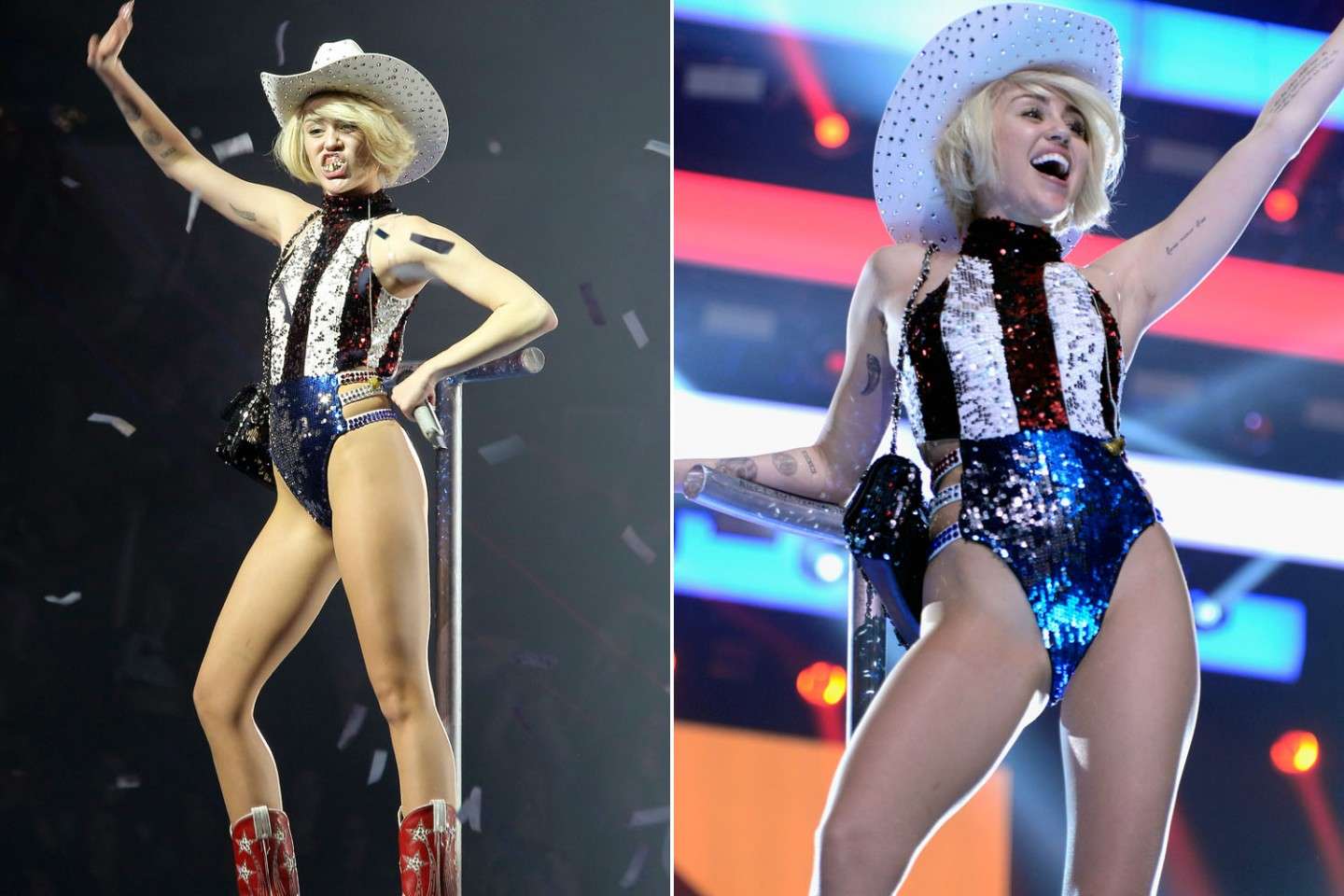 Miley Cyrus in concerto con look a stelle e strisce
