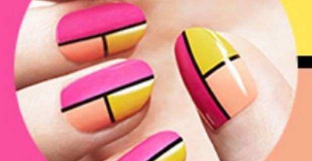 Nail art geometrica gialla e rosa