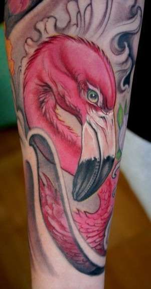 Il volto di un fenicottero tatuato sul braccio