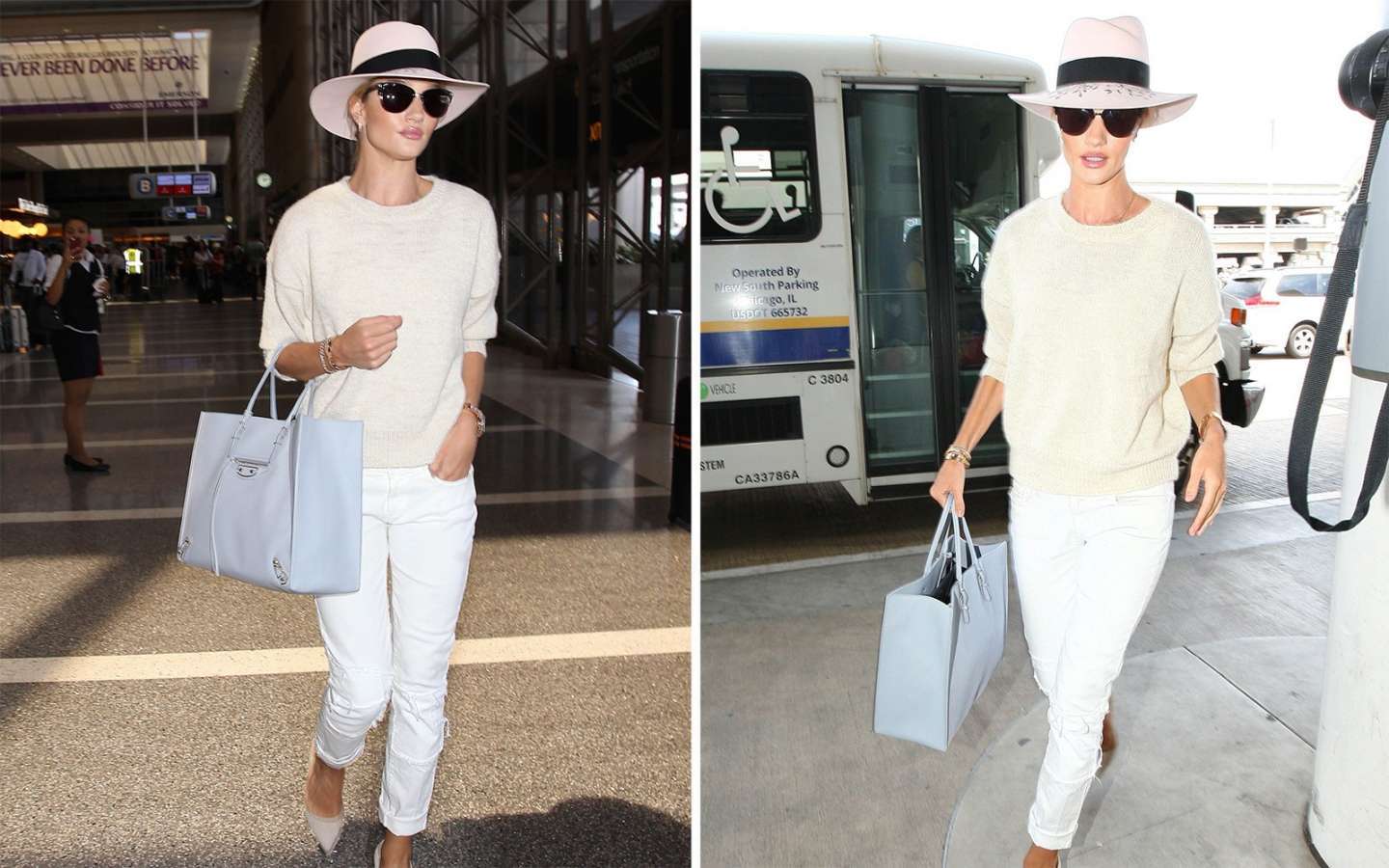 Look total white e cappello per Rosie Huntington-Whiteley in aeroporto